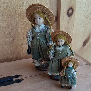 Set of Three Vintage Anne Of Green Gables Porcelain Dolls with Straw Hats
